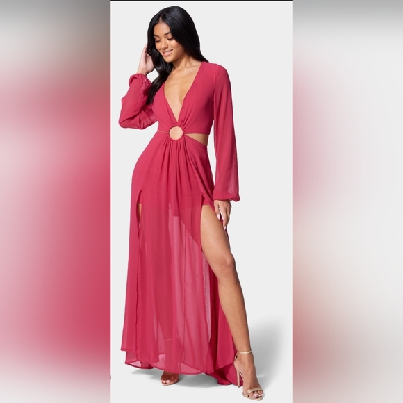 bebe Dresses & Skirts - Bebe Plunging O-Ring Detail Long Dress